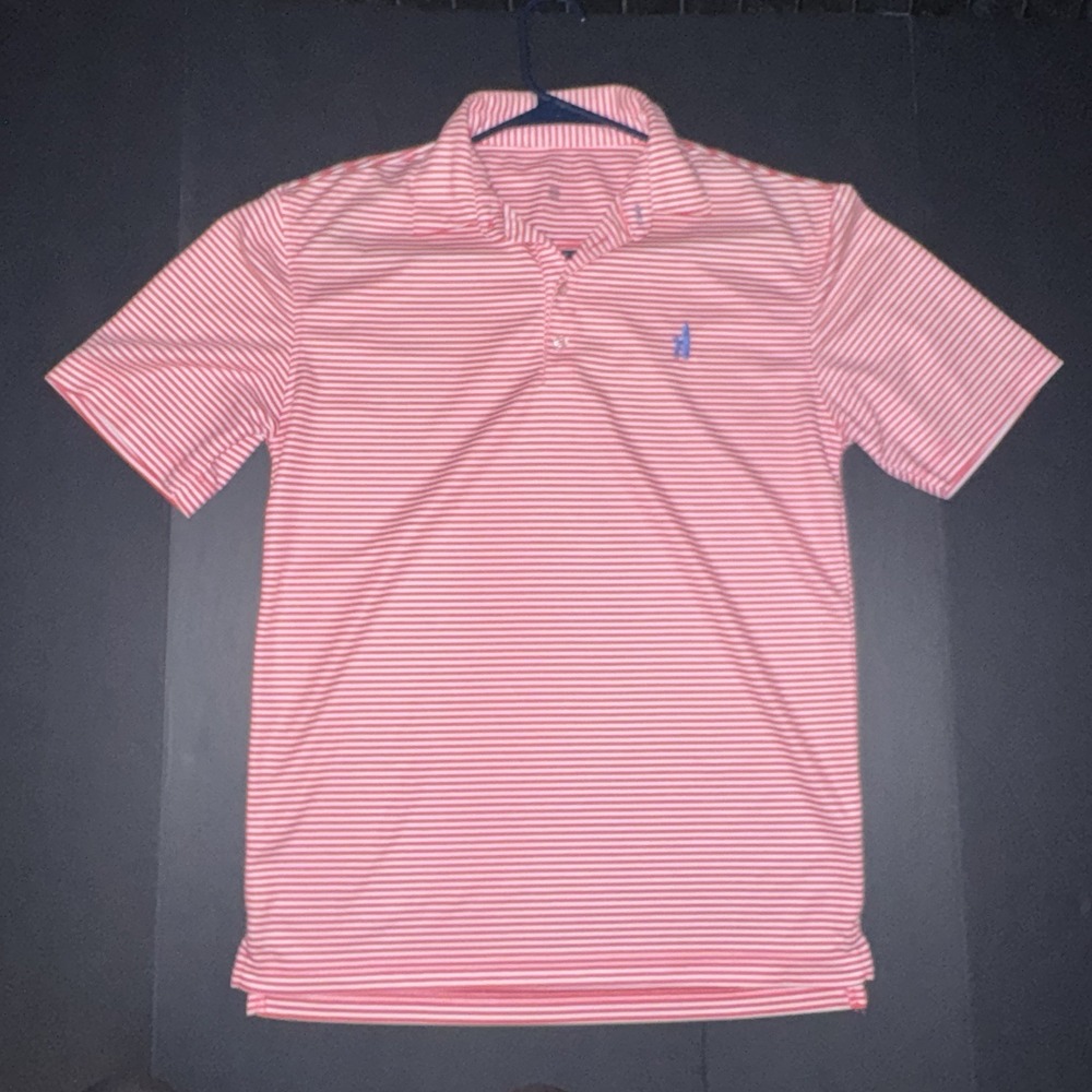 Men's Medium johnnie-O Polo Pink White Striped Short Sleeve Surfer Logo
